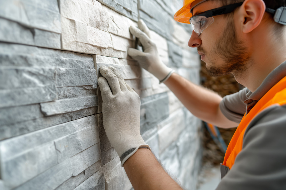 A man wearing white gloves installing grey stone veneer in El Paso.